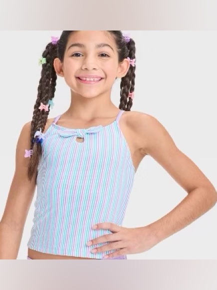Cat & Jack Girls' Pastel Stripe Tankini Top And Bottoms Bundle